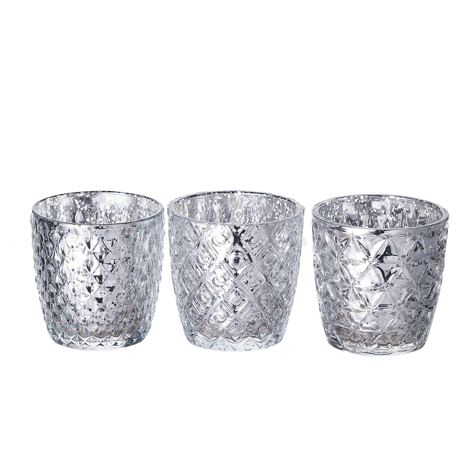 6-Pack Mercury Glass Votive Candle Holders Metallic Silver with Assorted Geometric Designs - Tealight Holders 3"