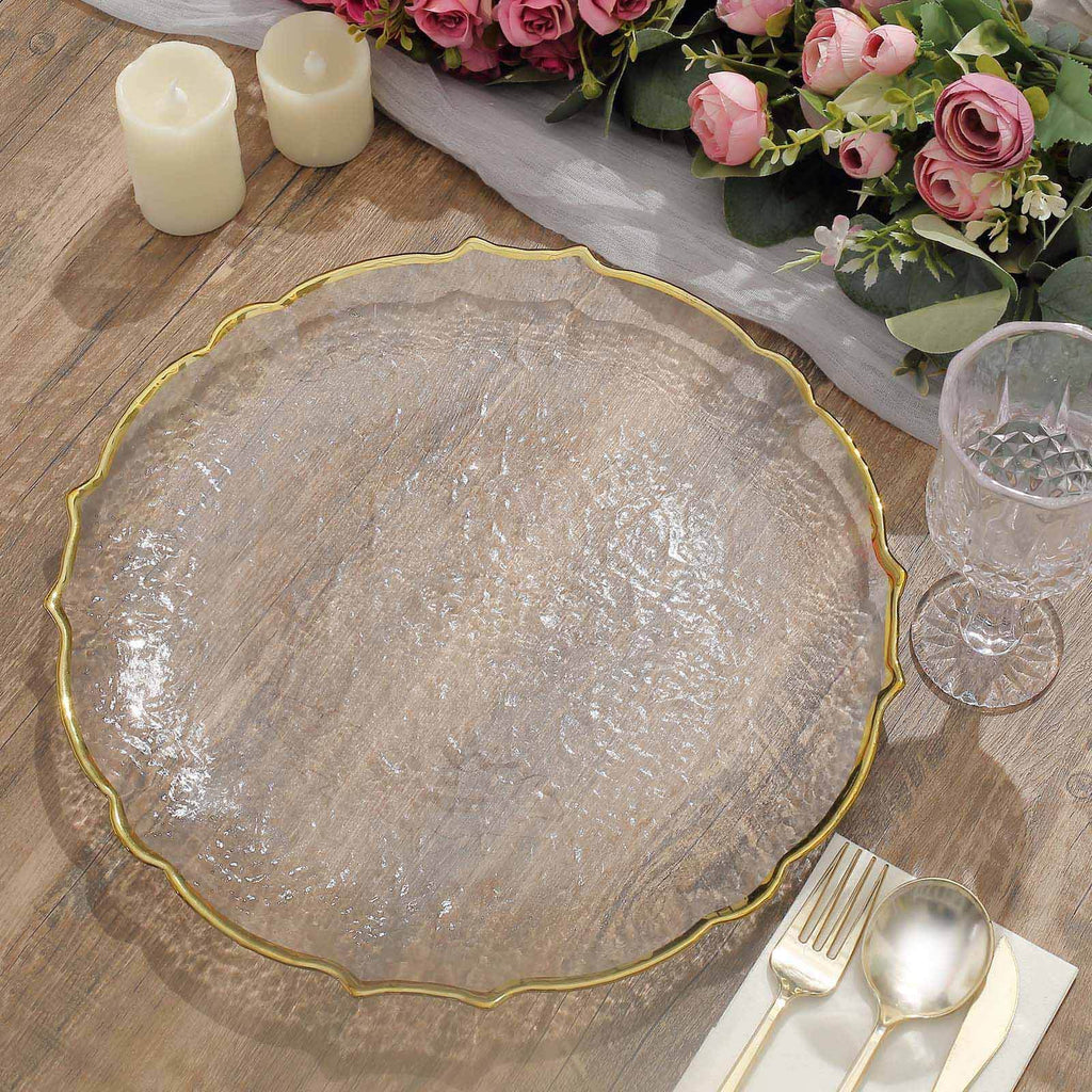 8-Pack Glass Round Charger Plates 13" in Clear with Gold Sunflower Scalloped Rim, Decorative Dinner Chargers