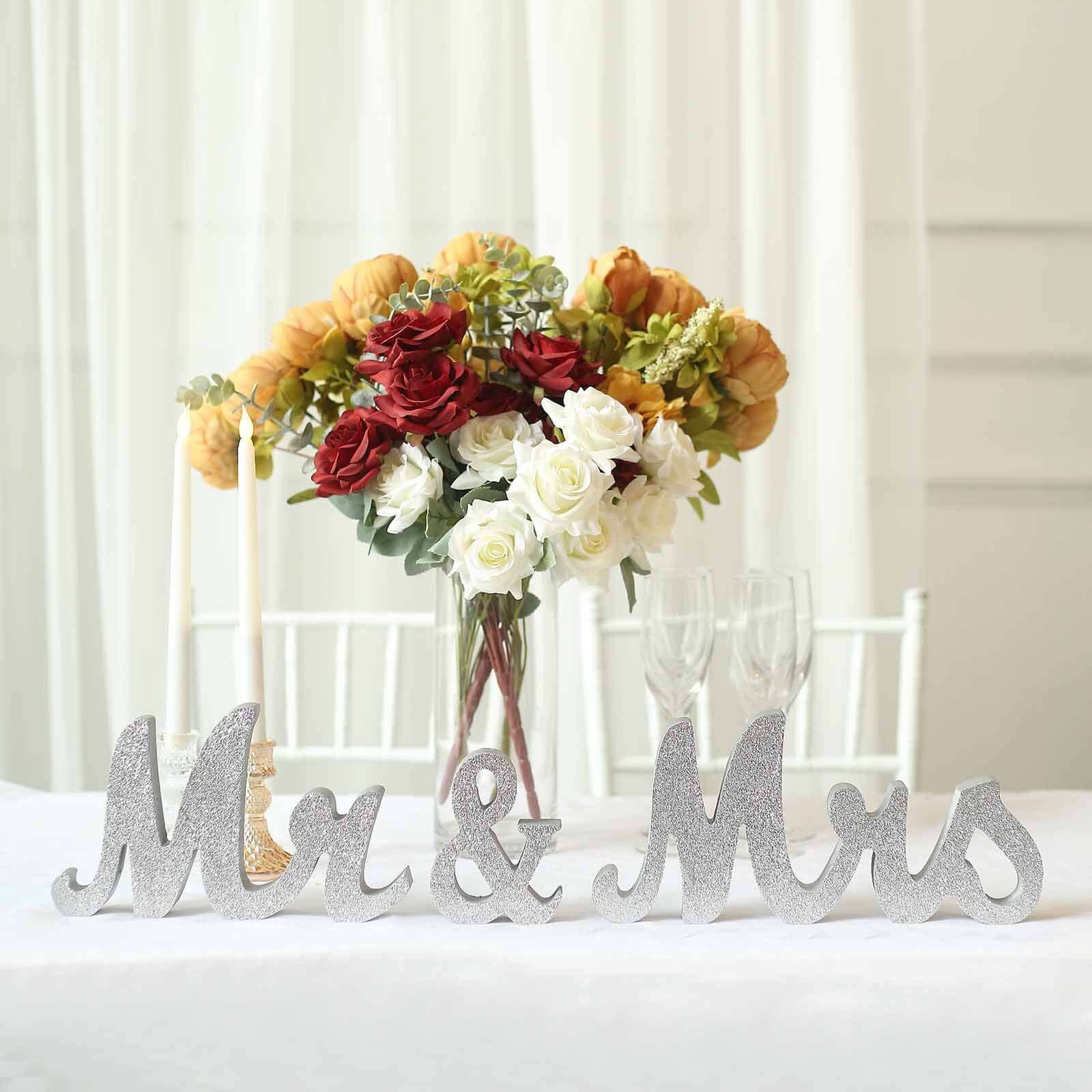 Wooden "Mr & Mrs" Freestanding Letters Silver Glittered - Rustic Glam Wedding Table Display Signs