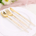 24-Pack Plastic Cutlery Set Metallic Gold with Gold Glitter - Stylish Disposable Silverware Pack 8"