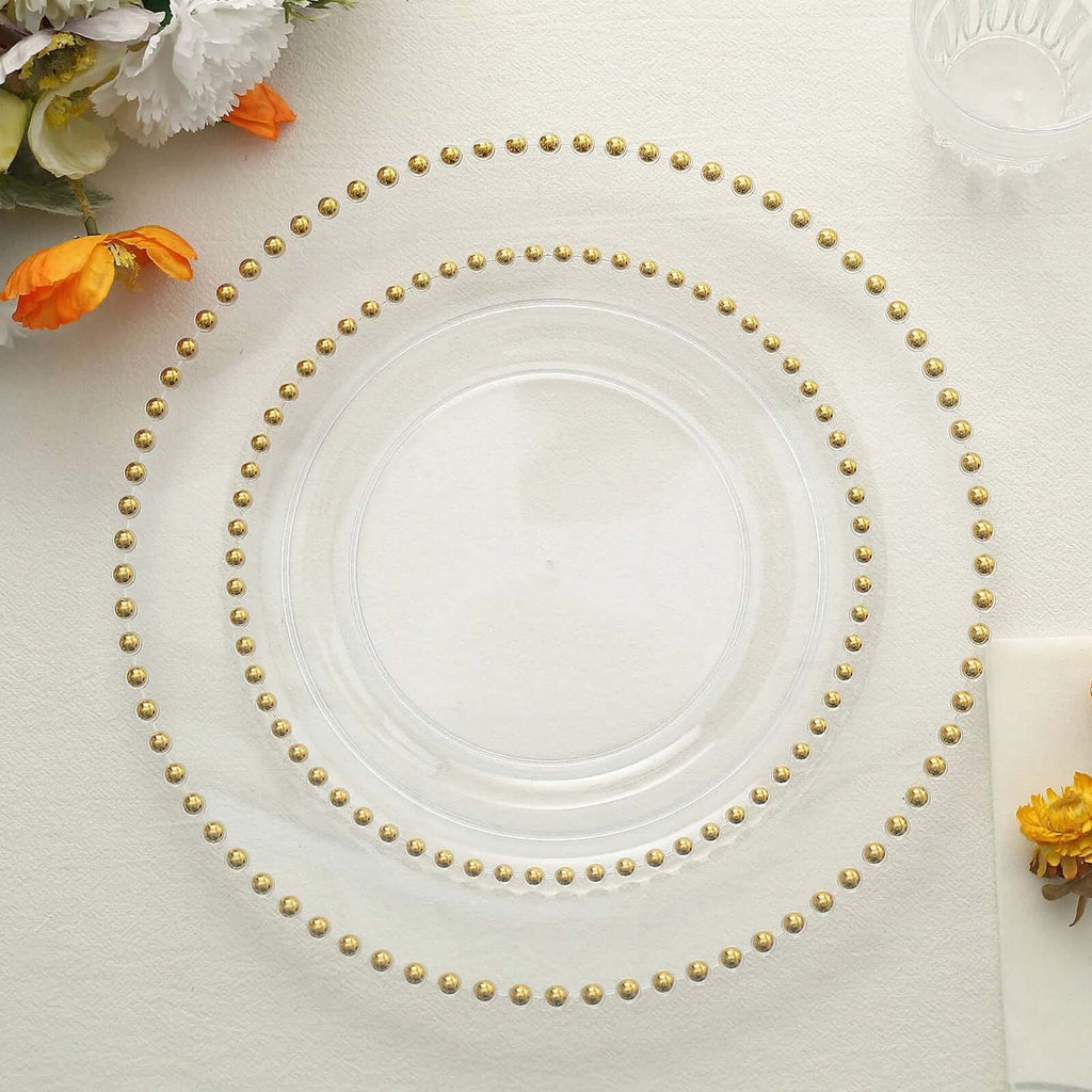 10-Pack Clear Plastic Dessert Plates â€“ 8" Round with Gold Beaded Rim, Disposable for Parties & Events