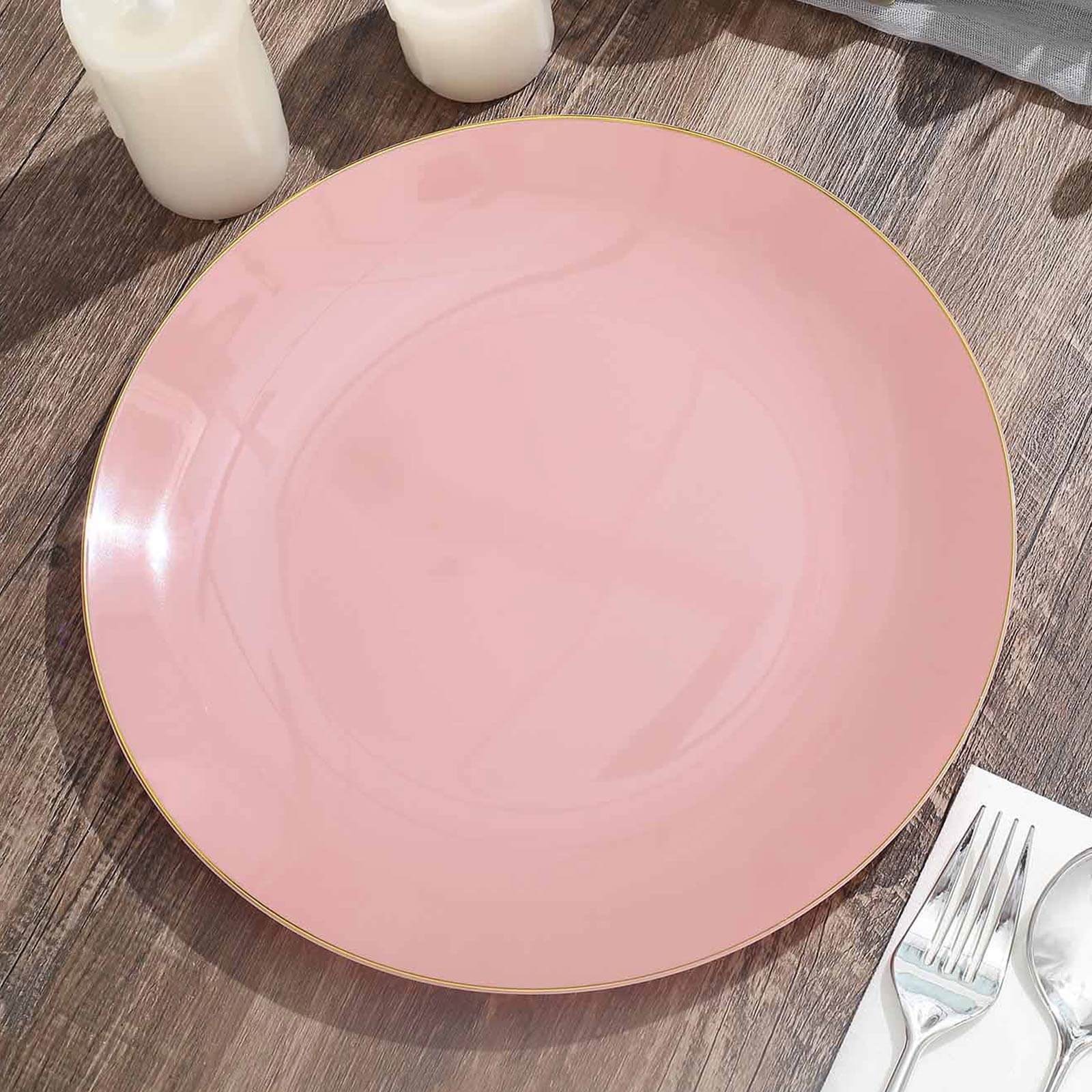 10-Pack Plastic 10" Round Dinner Plates in Dusty Rose with Gold Rim - Glossy Disposable Party Plates