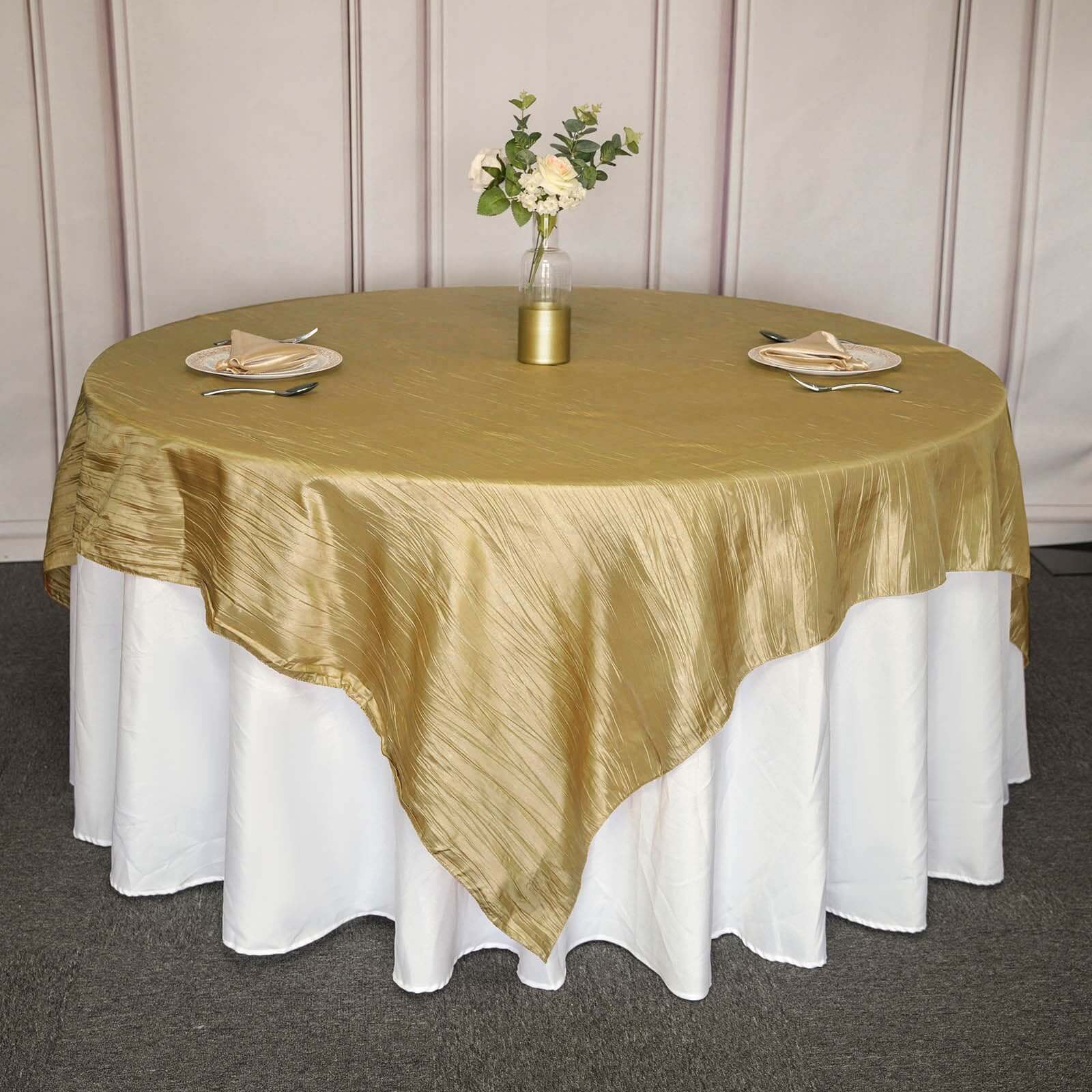 Taffeta 90"x90" Table Overlay Square Tablecloth Gold - Accordion Crinkle Design for Modern Celebrations
