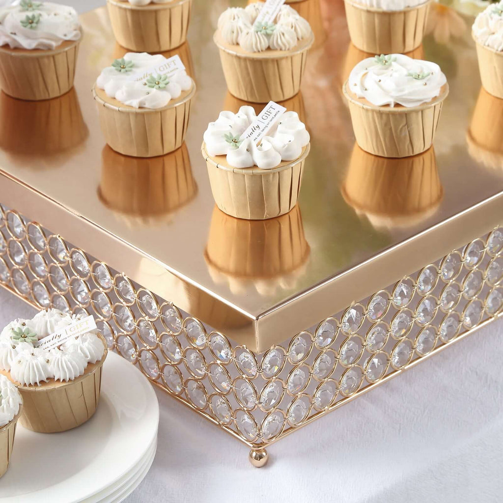 Metal Cake Stand Square Design with Crystal Beads Gold - Dessert Pedestal for Events 16"