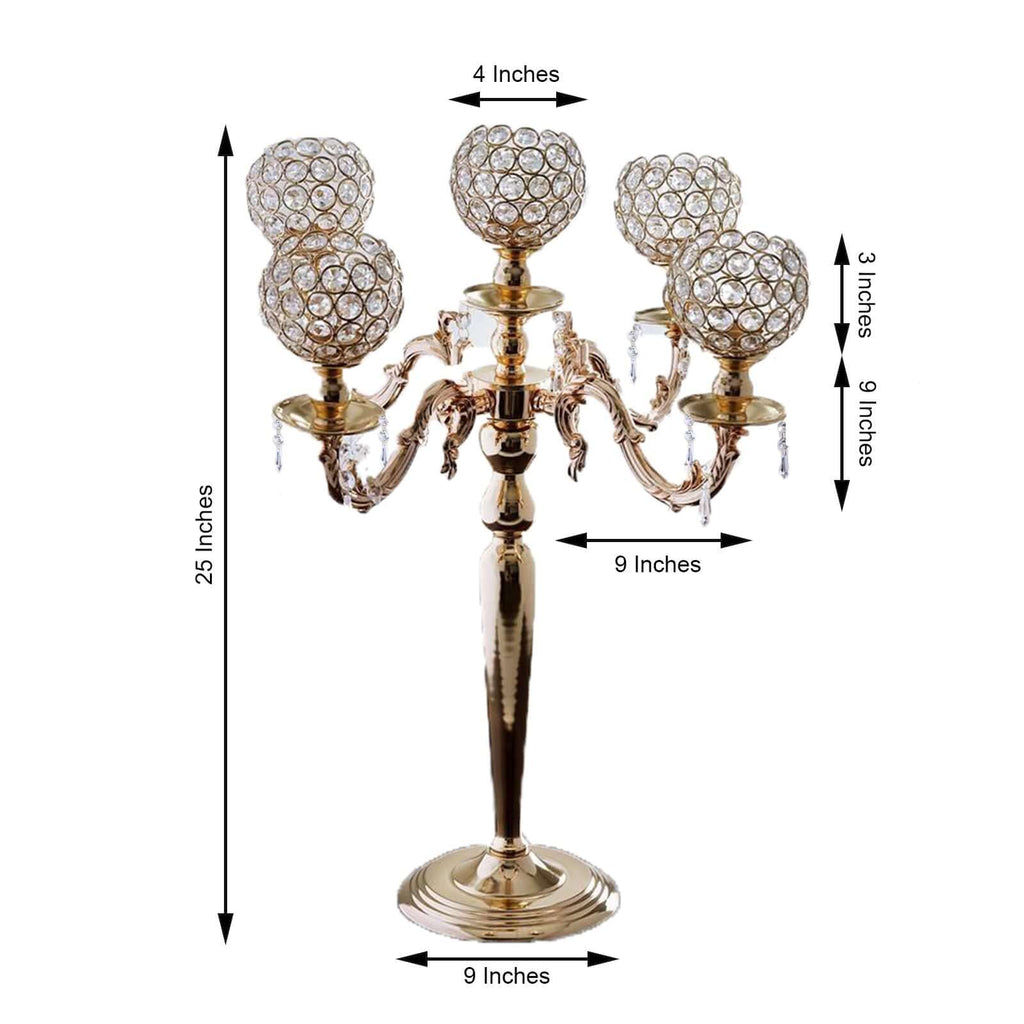 5-Arm Crystal Beaded Globe Candelabra Gold Metal - Chic Candle Holder Table Centerpiece for Gatherings 25"