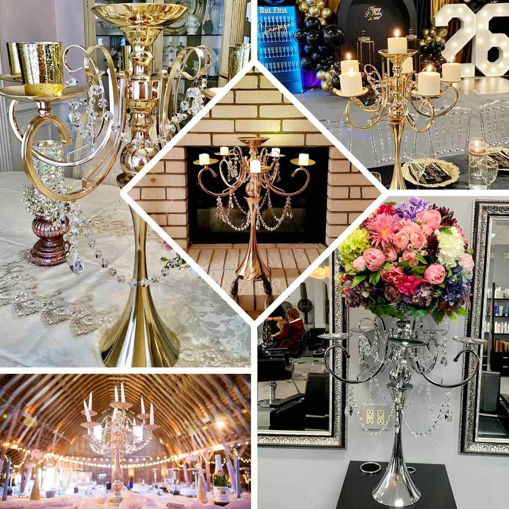 Metal Candelabra 5 Arm Design Gold with Hanging Crystal Drops - Table Centerpiece for Events 27"