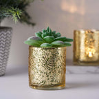 6-Pack Mercury Glass Candle Holders Gold Palm Leaf Design - Votive Tealight Holders for Events