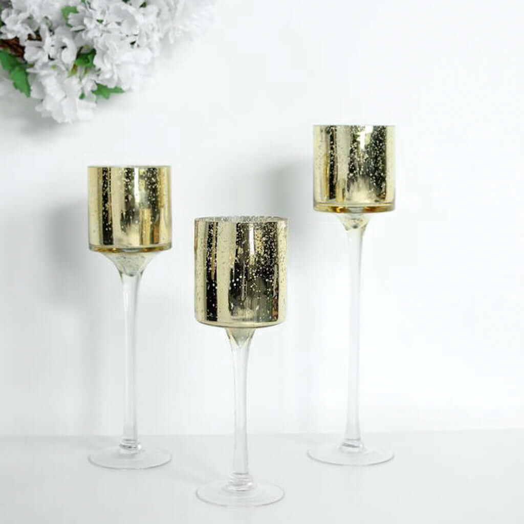 Set of 3 Glass Cylinder Vases Long Stem Gold - Decorative Candle Holder Floral Centerpieces 12", 14", 16"
