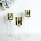 Set of 3 Glass Cylinder Vases Long Stem Gold - Decorative Candle Holder Floral Centerpieces 12", 14", 16"