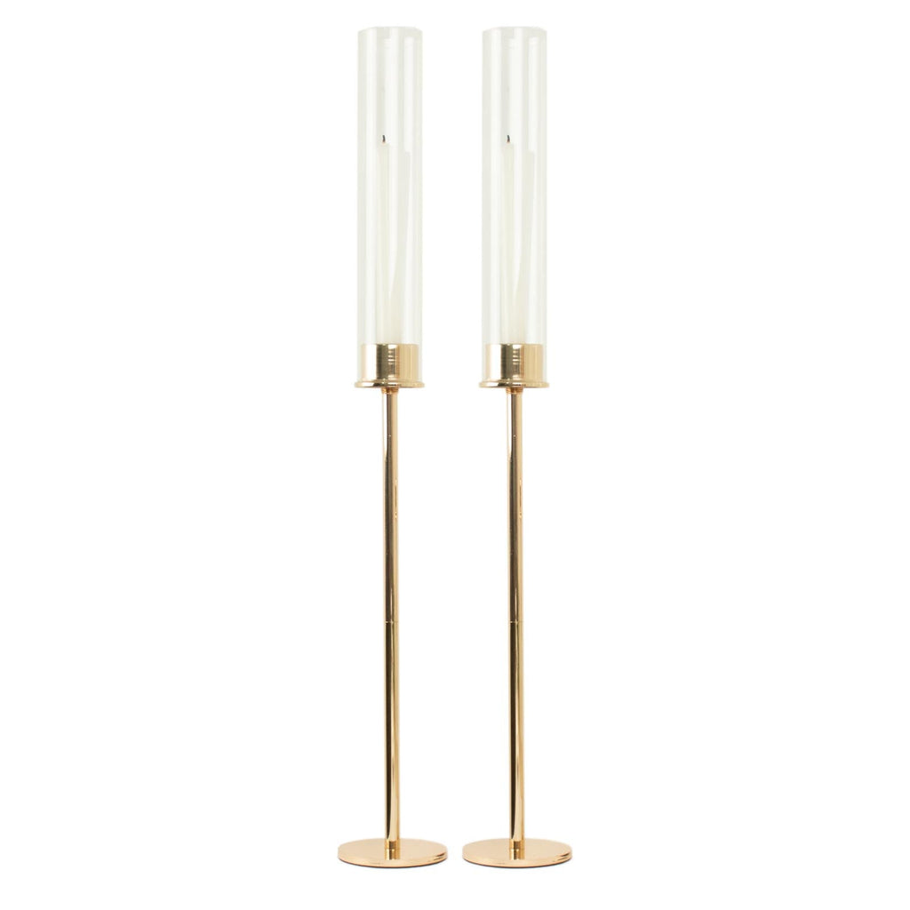 2-Pack Gold Metal Taper Candlestick Holders, Clear Glass Hurricane Candle Stands With Chimney Candle Shades 24"