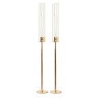 2-Pack Gold Metal Taper Candlestick Holders, Clear Glass Hurricane Candle Stands With Chimney Candle Shades 24"