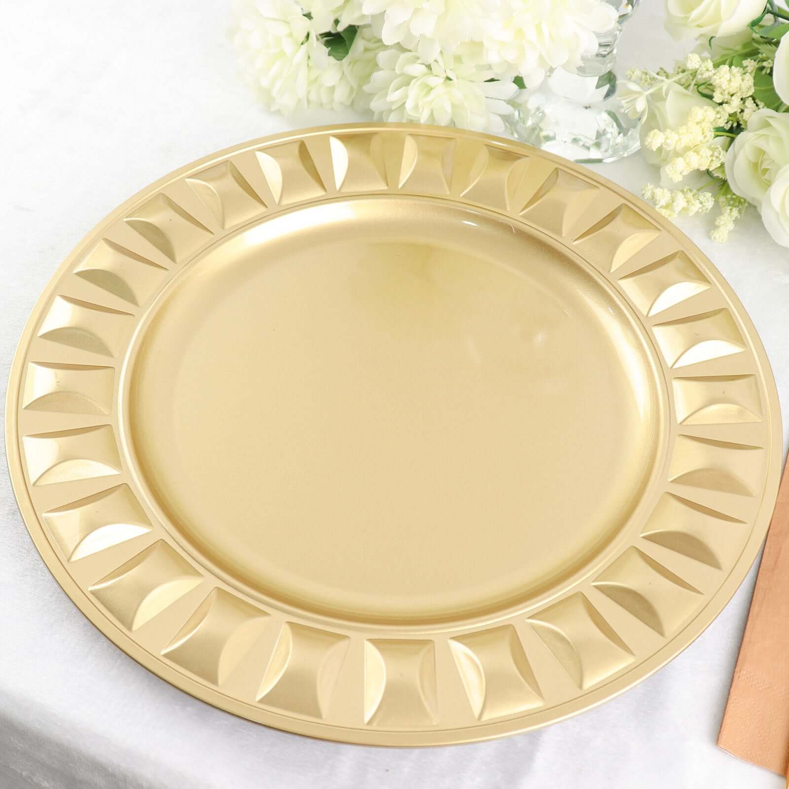 6-Pack Plastic Round Charger Plates 13" in Gold with Bejeweled Rim, Luxe Decorative Dinner Party Charger Tableware