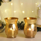 2-Pack Glass Hurricane Vases Bell Shaped Crackle Gold Curvy Design - Stylish Candle Holder Centerpieces 8"