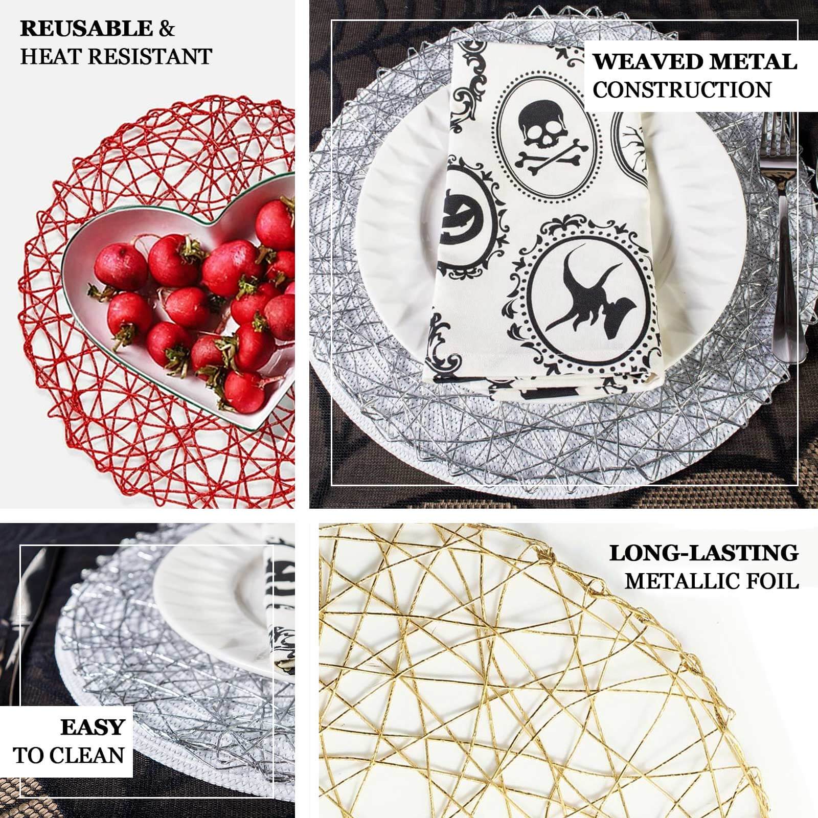 6-Pack Table Placemats Woven Fiber Design Gold Round - Disposable Mats for Dining and Events 15"