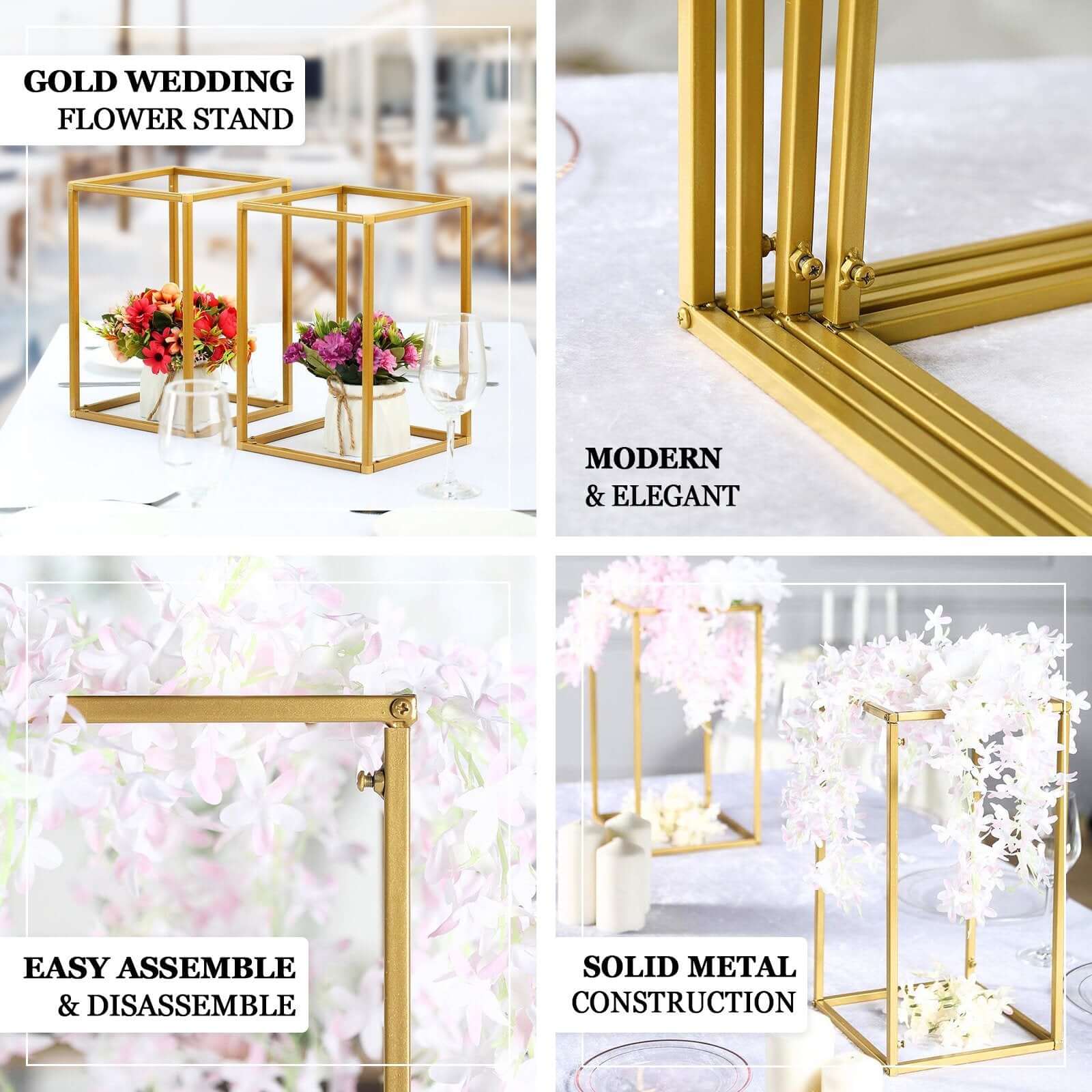 Set of 4 Metal Flower Stands Frame Wedding Column Centerpieces Matte Gold - Durable Display 16"/24"/32"/40"
