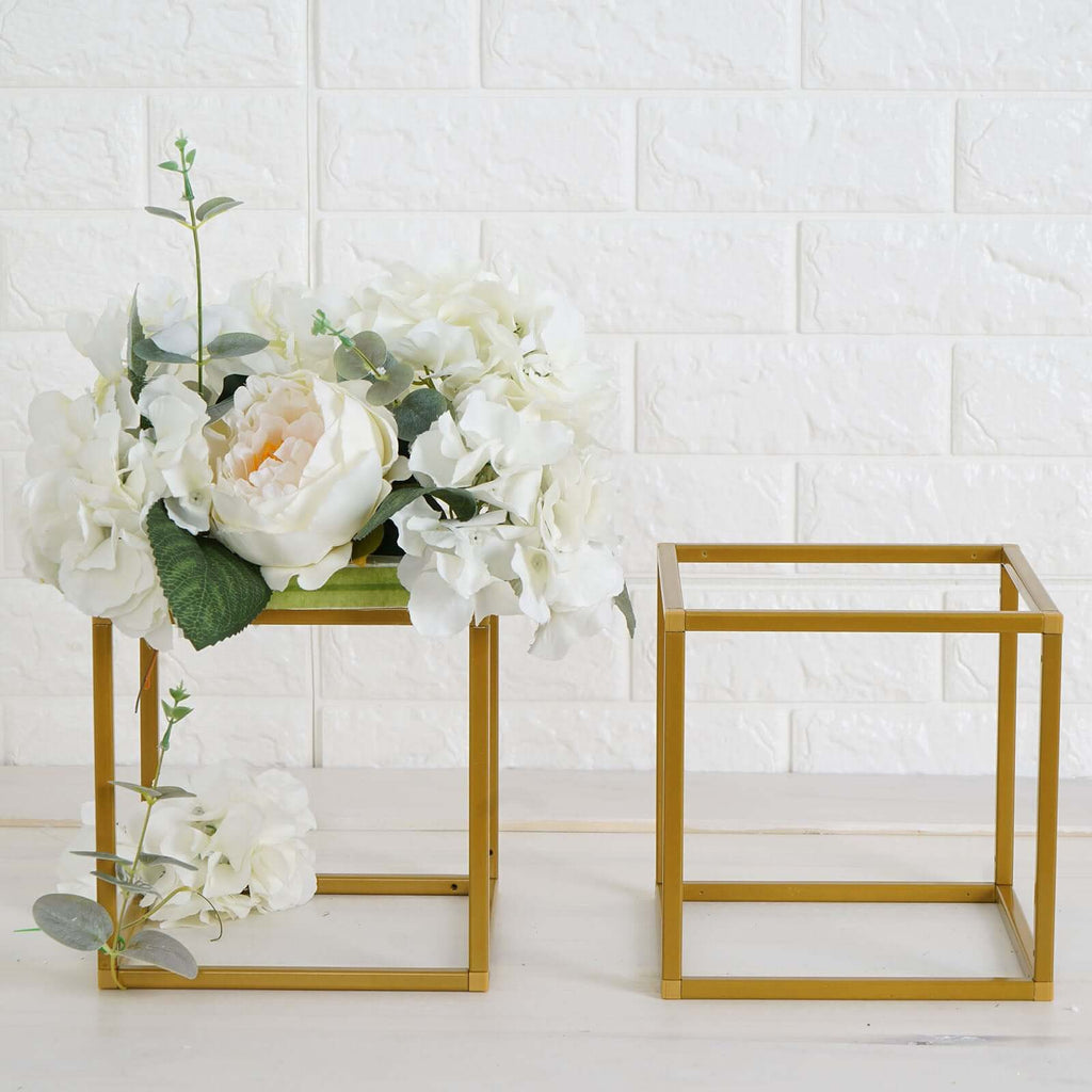 2-Pack Metal Flower Stands Gold Geometric Wedding Centerpieces Square Frame - Compact Design 8"
