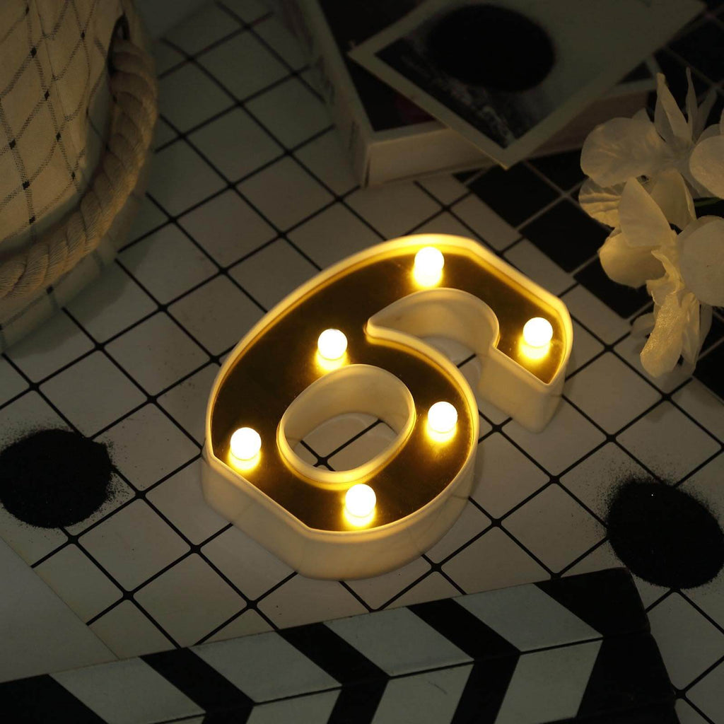 3D Marquee Number "6" Warm White 6 LED Lights Gold - Stylish Light-Up Accent for Events 6"