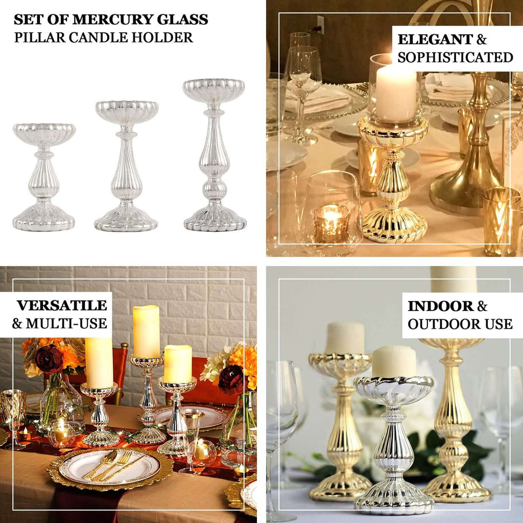 Set of 3 Candle Holder Stands Gold Mercury Glass Pillar Design - Stylish Votive Centerpieces for Tables & Decor 7", 8", 10"