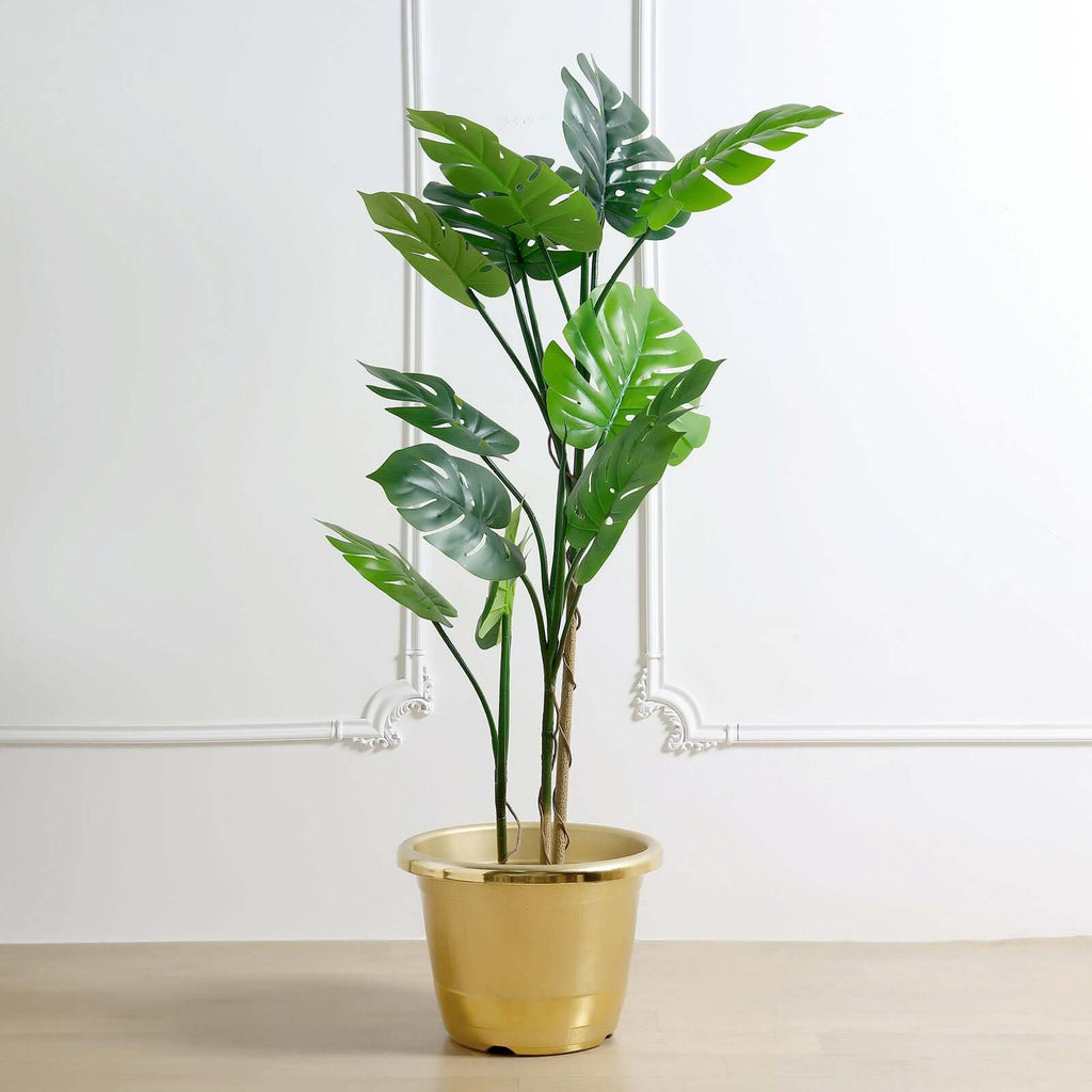 14" Gold Shiny Finished Rim Large Barrel Planter Pot, Indoor Outdoor Decorative Flower Pot