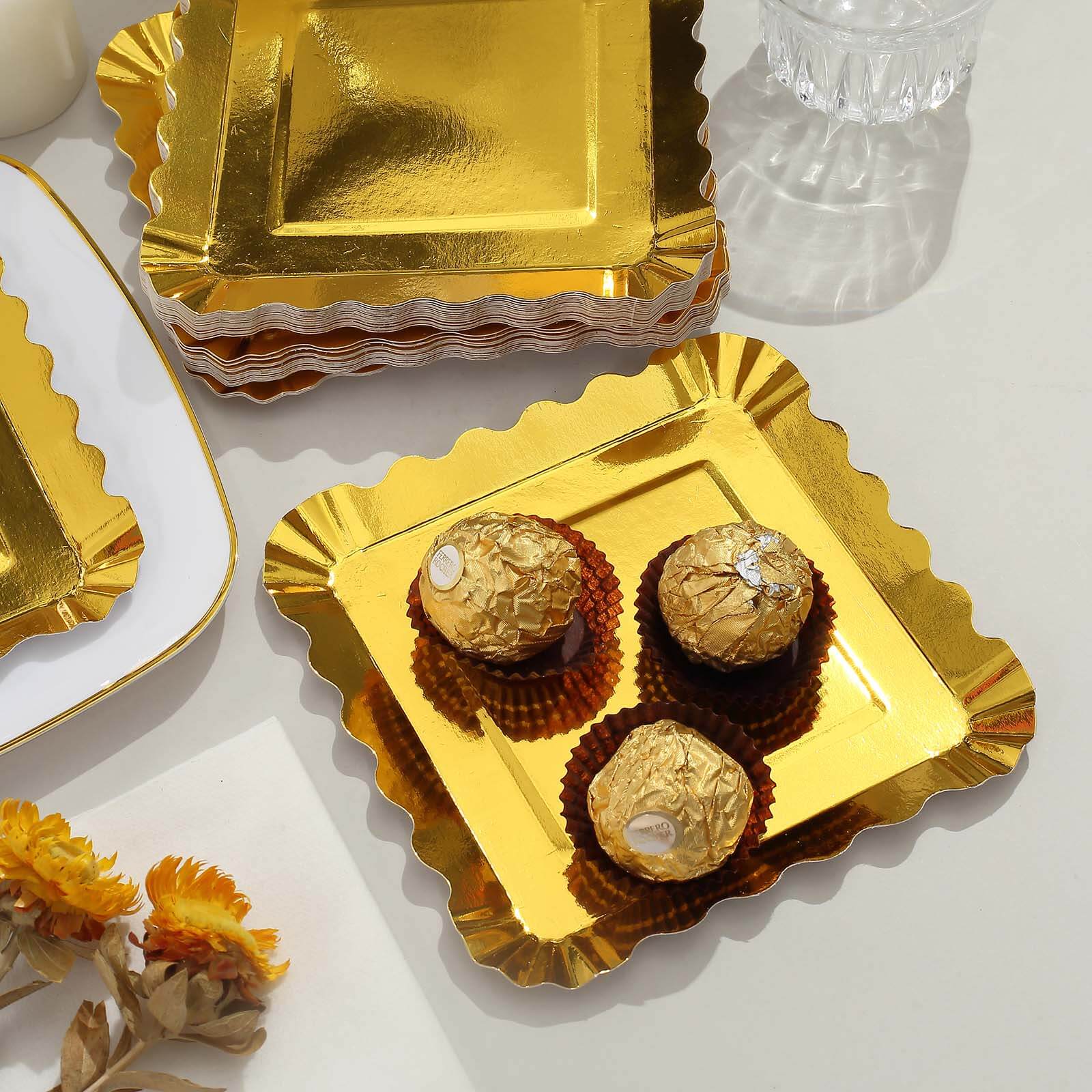 50-Pack Paper 5" Square Dessert Plates in Gold Foil with Scalloped Rim - Disposable Appetizer Plates for for Glam Gatherings & Special Occasions