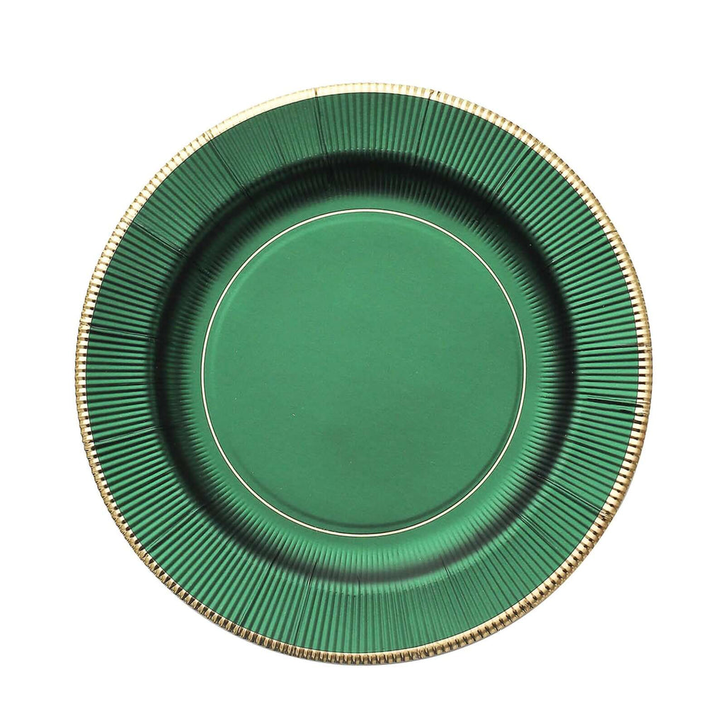 25-Pack Paper 8" Round Dessert Plates in Hunter Emerald Green Sunray Design with Gold Rim - Disposable Heavy Duty 350GSM Appetizer Salad Plates