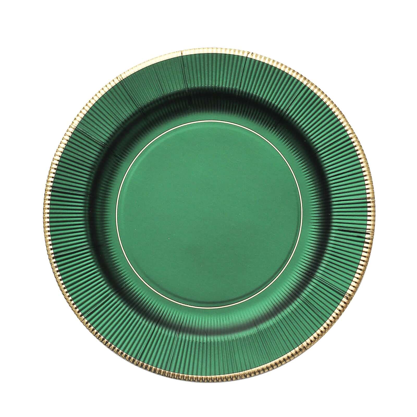 25-Pack Paper 8" Round Dessert Plates in Hunter Emerald Green Sunray Design with Gold Rim - Disposable Heavy Duty 350GSM Appetizer Salad Plates