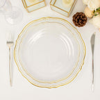 10-Pack Plastic Dinner Plates in Clear with Gold Scalloped Rim - Disposable Party Plates 9"