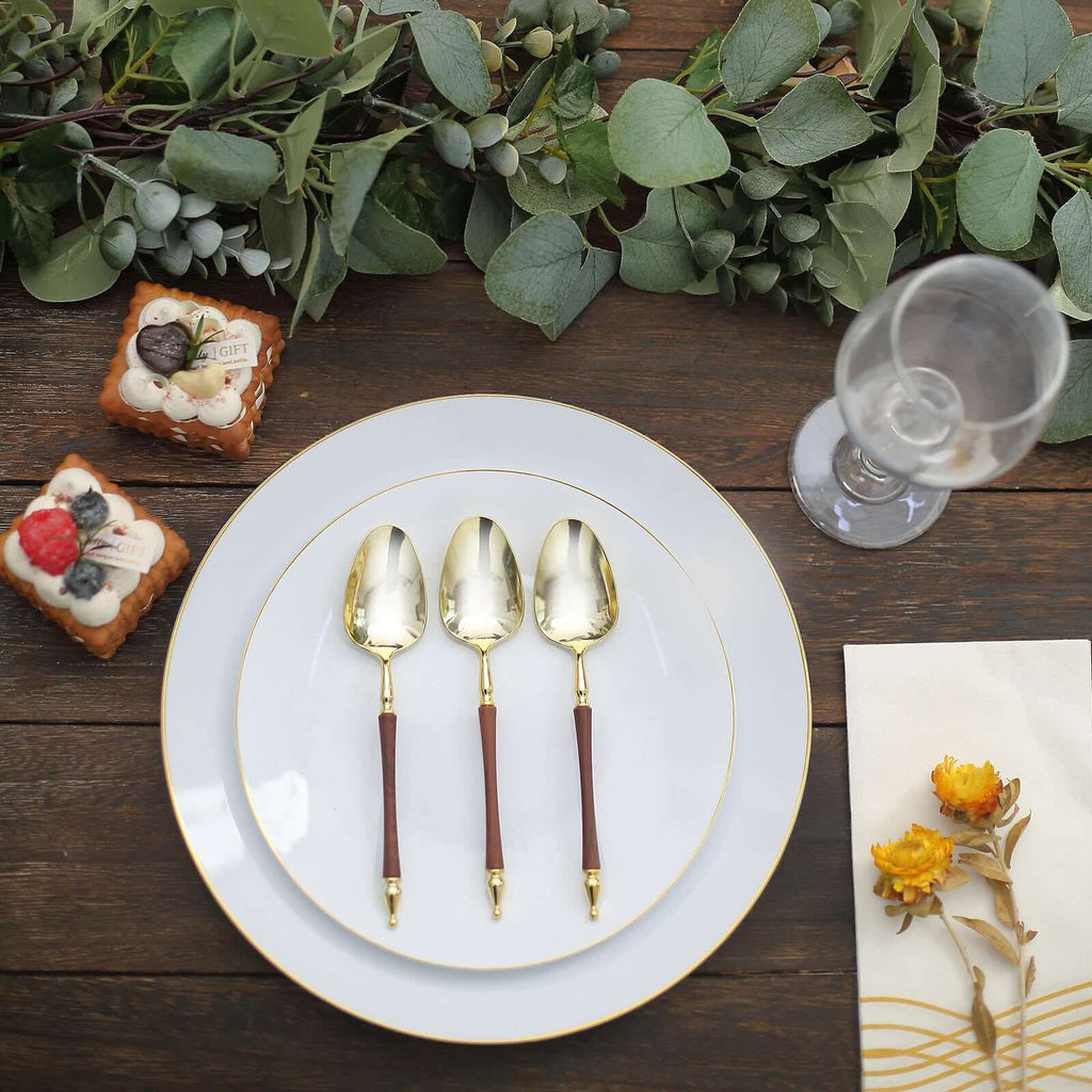 24-Pack Plastic Dessert Spoons with Roman Column Handle Gold/Brown - European Style Disposable Utensils 6"