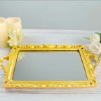 Resin Mirrored Rectangle Serving Tray 15"x10" in Metallic Gold with Baroque Design, Stylish Decorative Vanity Tray Centerpiece