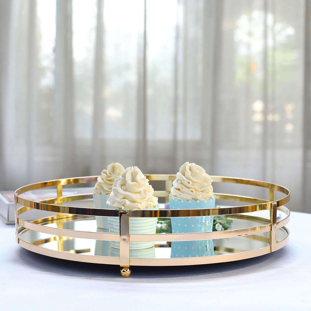 Set of 2 Metal Serving Trays 13", 9" Round Gold with Mirrored Top, Classy Decorative Vanity Tray Centerpiece