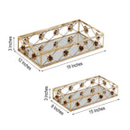 Set of 2 Metal Mirrored Rectangle Serving Trays in Gold with Rose Borders, Glamorous Decorative Vanity Tray Centerpiece 15"x8", 19"x12"