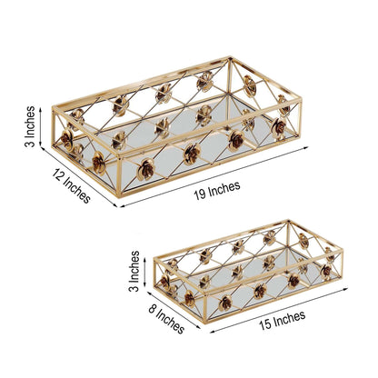 Set of 2 Metal Mirrored Rectangle Serving Trays in Gold with Rose Borders, Glamorous Decorative Vanity Tray Centerpiece 15"x8", 19"x12"