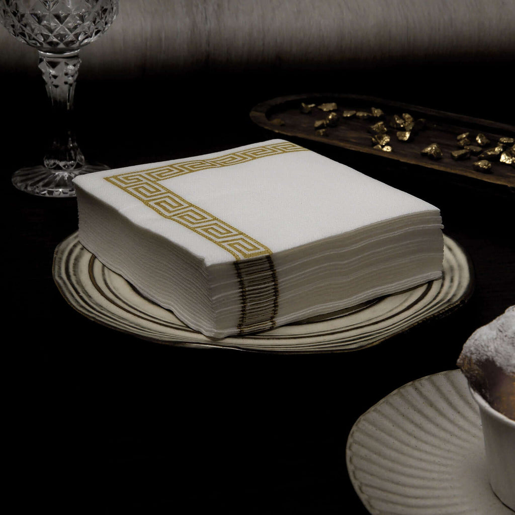 25 Pack Linen-Like Paper 5"x5" Napkins White with Gold Greek Key Design - Hygienic Disposable Airlaid Party Napkins