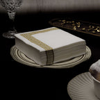 25 Pack Linen-Like Paper 5"x5" Napkins White with Gold Greek Key Design - Hygienic Disposable Airlaid Party Napkins