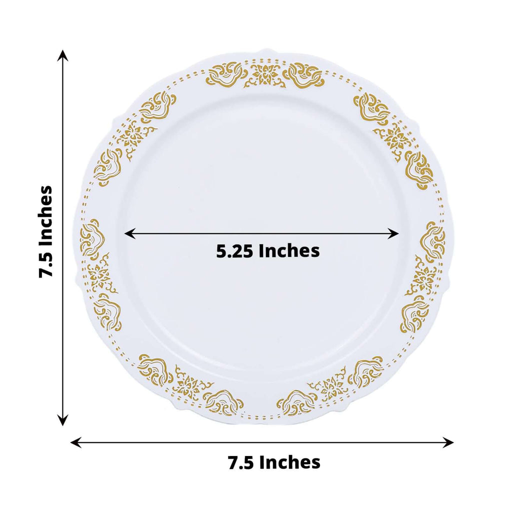 10-Pack Plastic 7.5" Round Appetizer Plates in White with Gold Embossed Scalloped Edge - Chic Disposable Salad Plates for Special Occasions & Banquets
