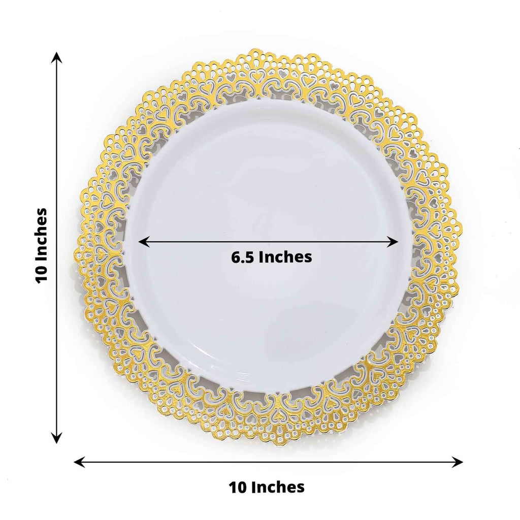 10-Pack Plastic 10" Round Dinner Plates in White with Gold Lace Rim - Disposable Party Plates for Classy Events & Banquets