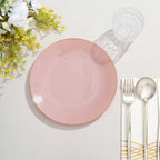 10-Pack Plastic 8" Round Dessert Plates in Dusty Rose with Gold Rim - Glossy Disposable Appetizer Salad Plates