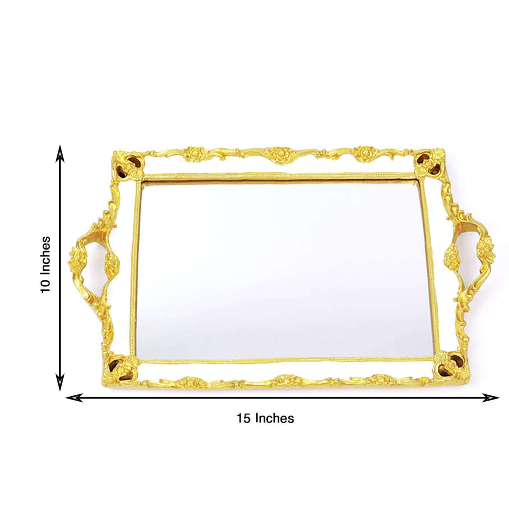 Resin Mirrored Rectangle Serving Tray 15"x10" in White with Gold Baroque Design, Stylish Decorative Vanity Tray Centerpiece