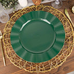 10-Pack Plastic 11" Round Dinner Plates in Hunter Emerald Green Ruffled Rim with Gold Edging - Sturdy Disposable Dinnerware