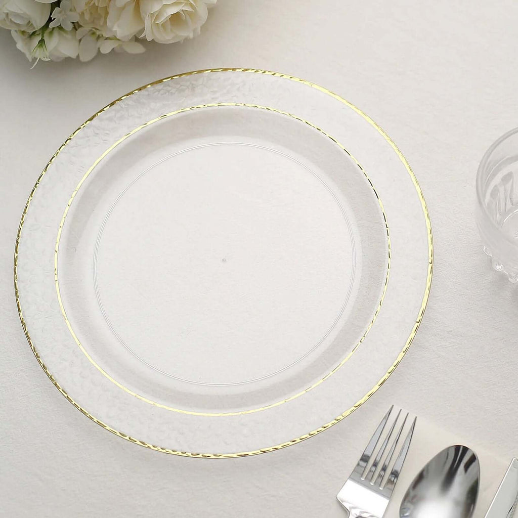 10-Pack Plastic 10" Round Dinner Plates in Clear Hammered Design with Gold Rim - Disposable Party Plates for Chic Banquets & Special Occasions