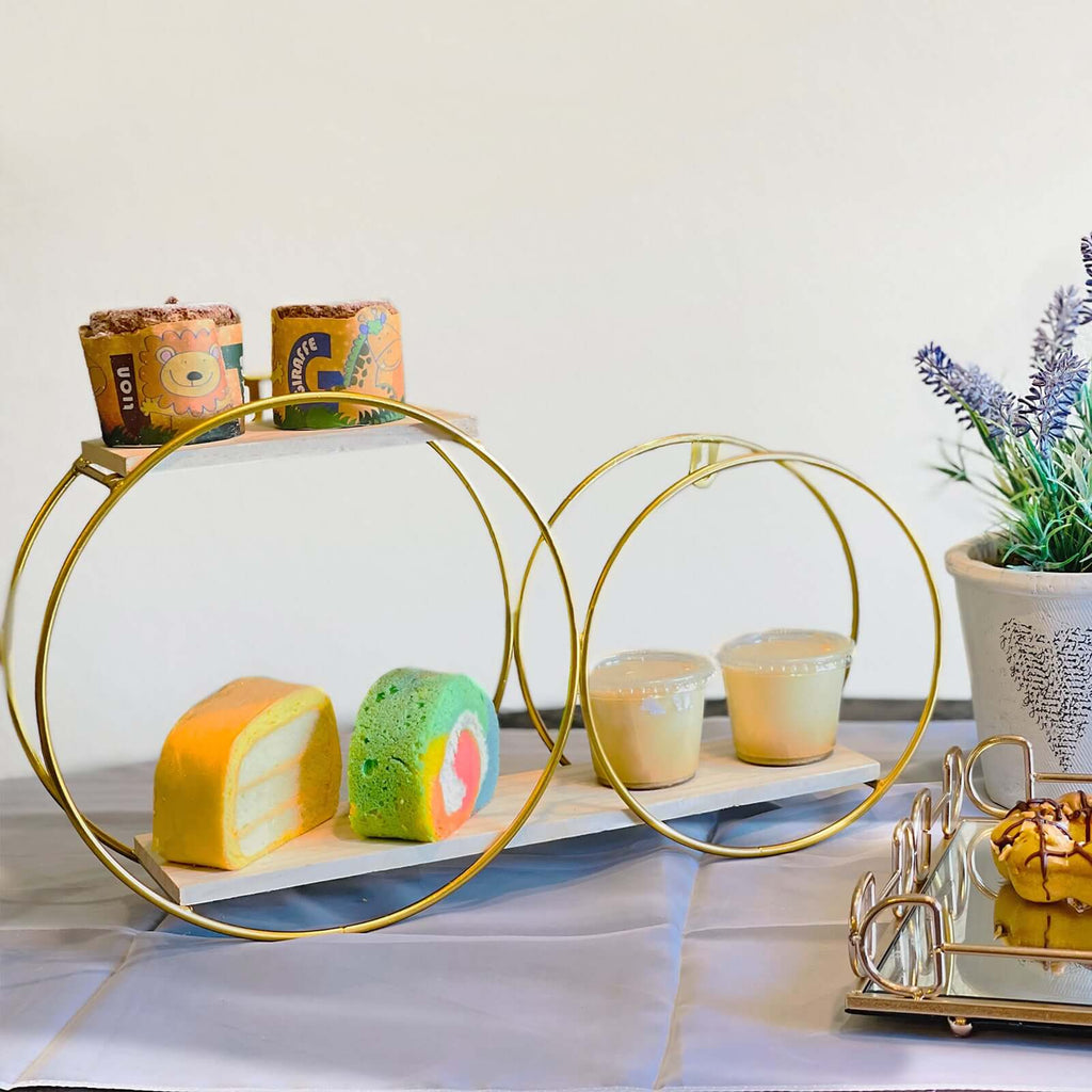 10"x18" 2-Tier Round Floating Shelf, Dessert Display Stand, Hanging Wall Shelf Gold With Double Hoop Design