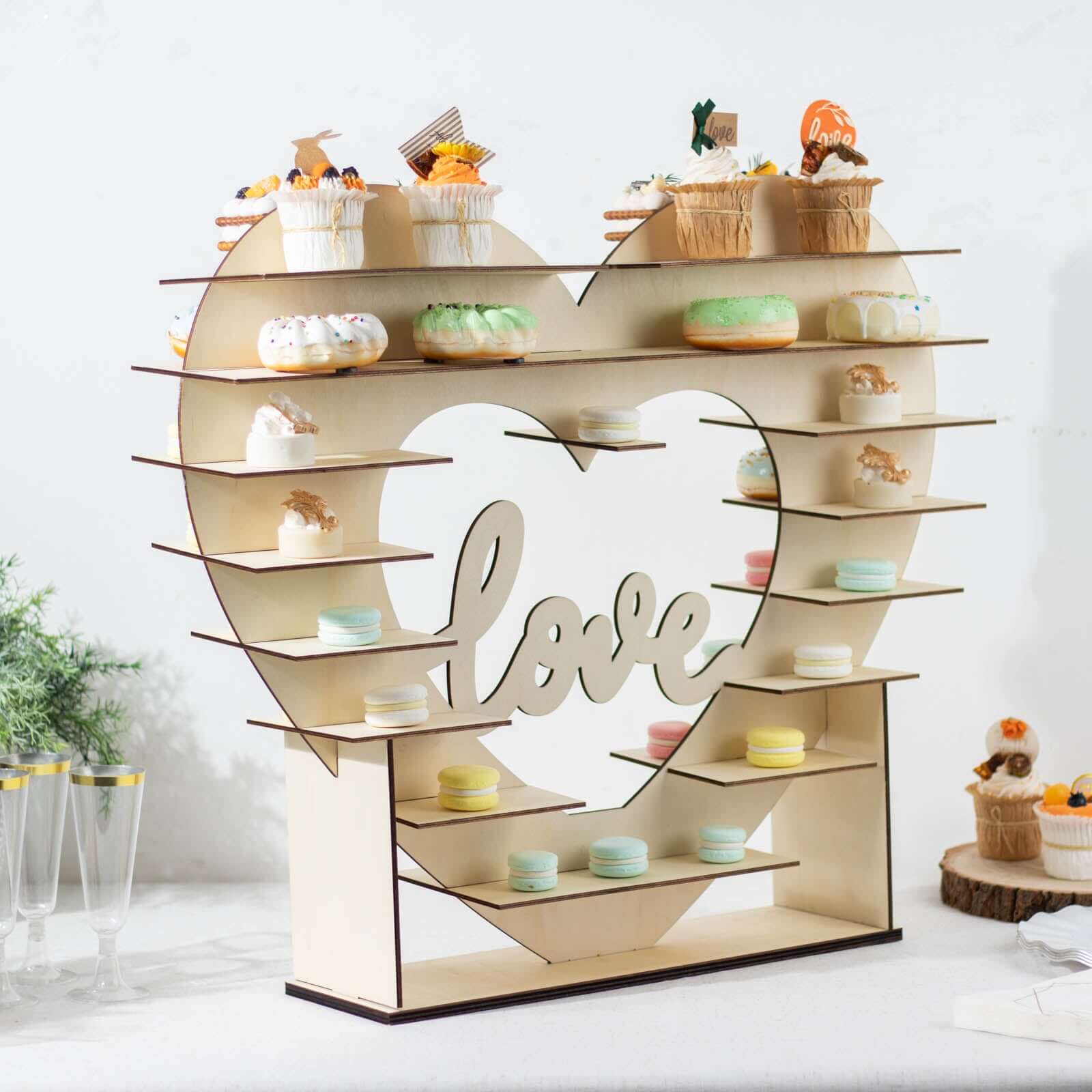 8-Layer Wooden Dessert Display Stand Heart Shaped Double Sided Design Natural - "Love" Cupcake Shelf Table Rack 26"