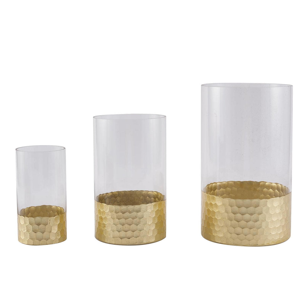 Set of 3 Glass Cylinder Vases Honeycomb Design Clear with Gold Base - Decorative Candle Holder Centerpieces 6", 8", 10"