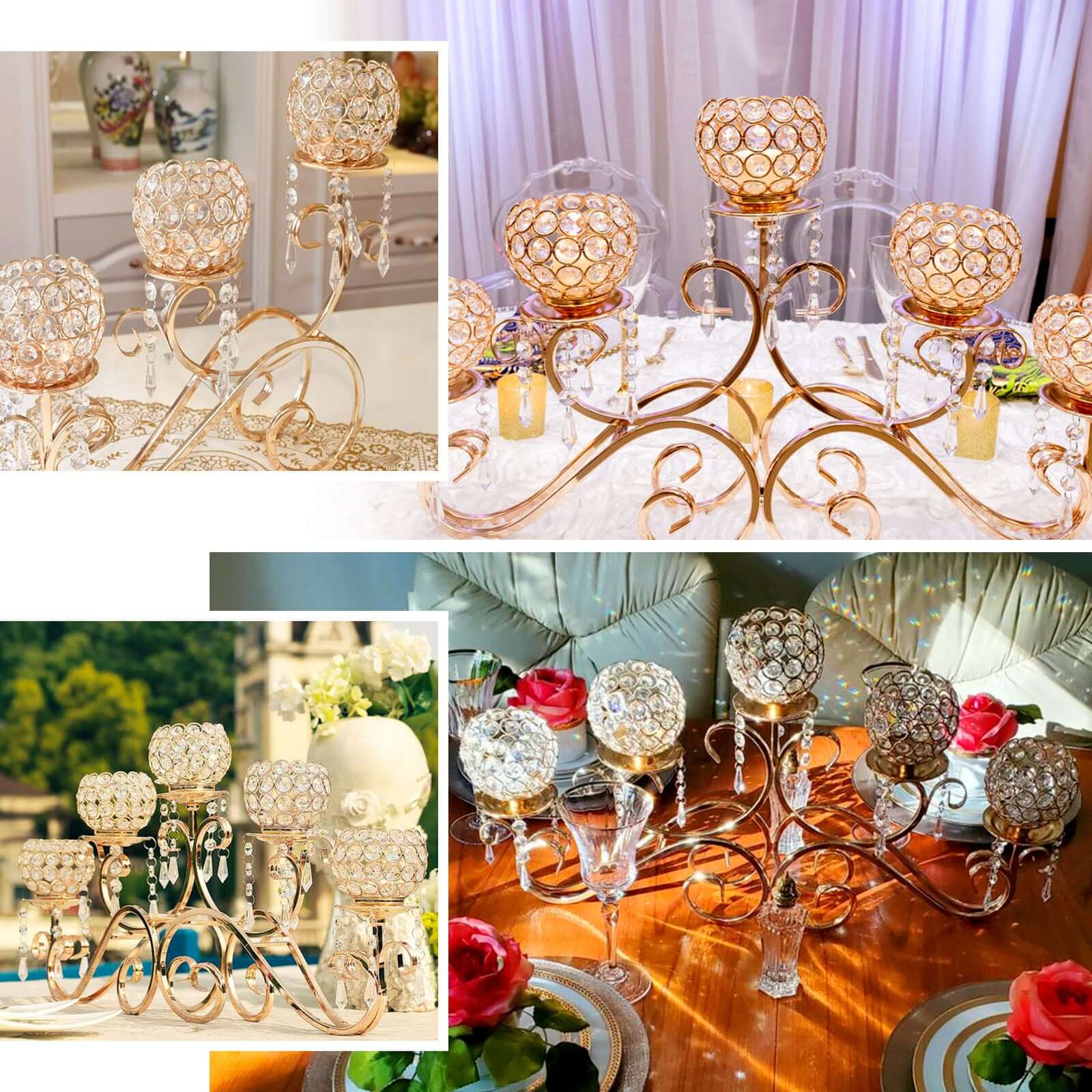 5-Arm Metal Candelabra Horizontal Design with Crystal Goblets Gold - Table Centerpiece for Events 27"