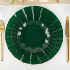 10-Pack Plastic Round 6" Dessert Plates in Hunter Emerald Green Ruffled Rim with Gold Edging - Sturdy Disposable Salad Appetizer Dinnerware