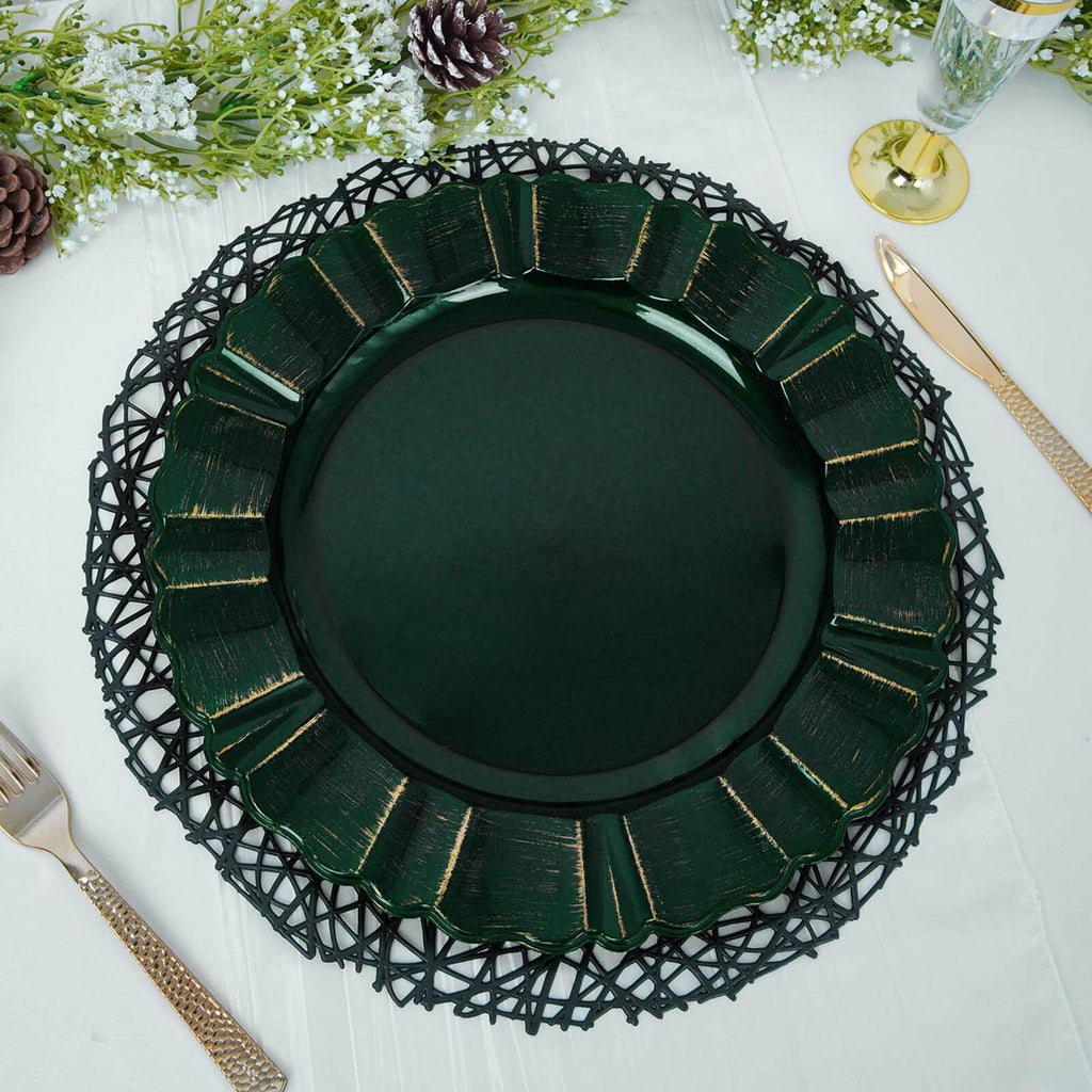 6-Pack Acrylic Plastic Round Charger Plates 13" in Hunter Emerald Green with Gold Brushed Wavy Scalloped Rim