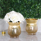 2-Pack Glass Hurricane Vases Bell Shaped Crackle Gold Curvy Design - Decorative Candle Holder Centerpieces 6"