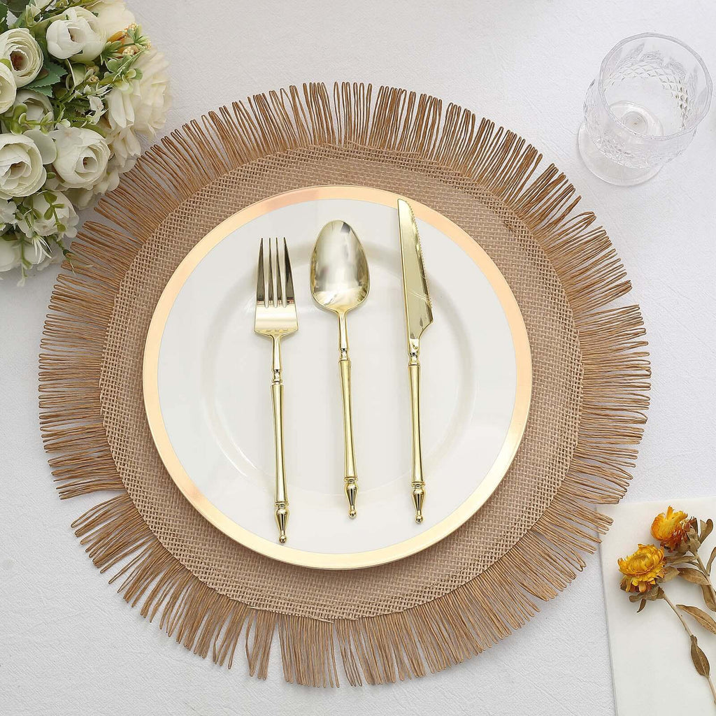 4-Pack Placemats Fringe Edge Design Natural Jute Round - Rustic Boho Chic Burlap Table Decor 16"