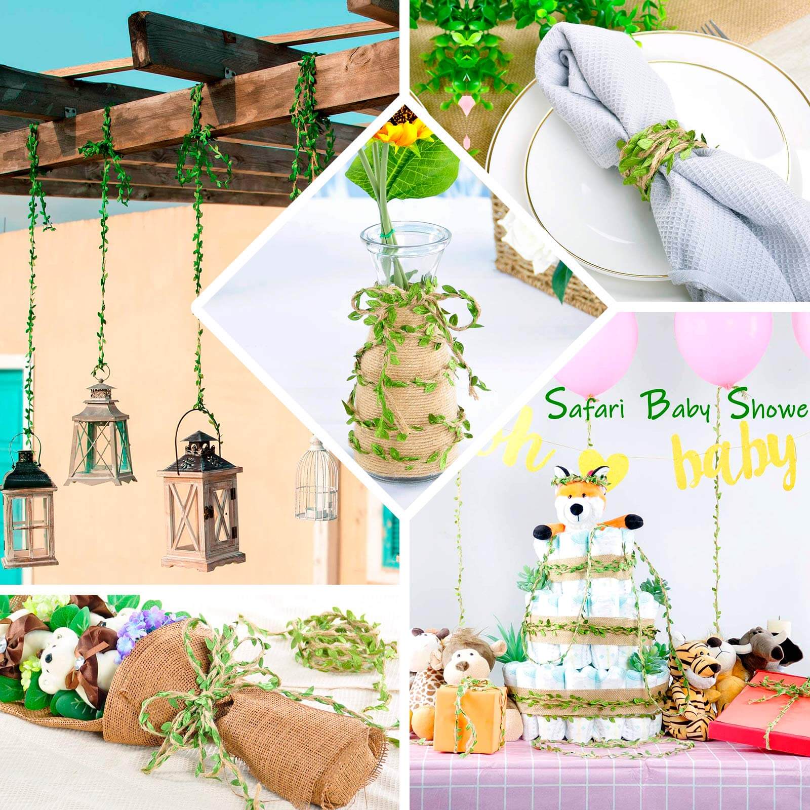 32FT Natural Jute Twine With Green Leaves, Burlap Leaf Ribbon For DIY Craft Party Wedding Home Decor