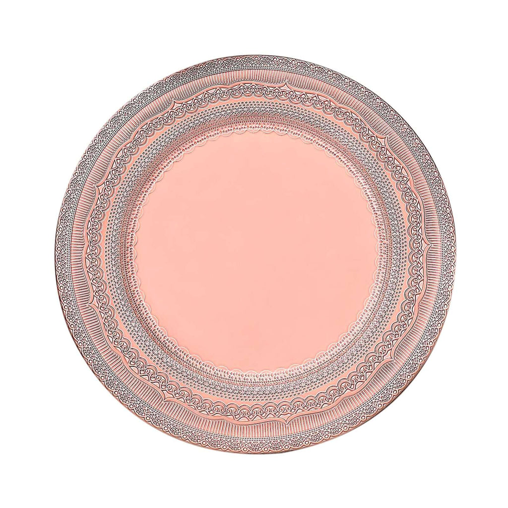 6-Pack Acrylic Round Charger Plates 13" in Rose Gold with Lace Embossed Rim, Rustic Plastic Decorative Charger Tableware